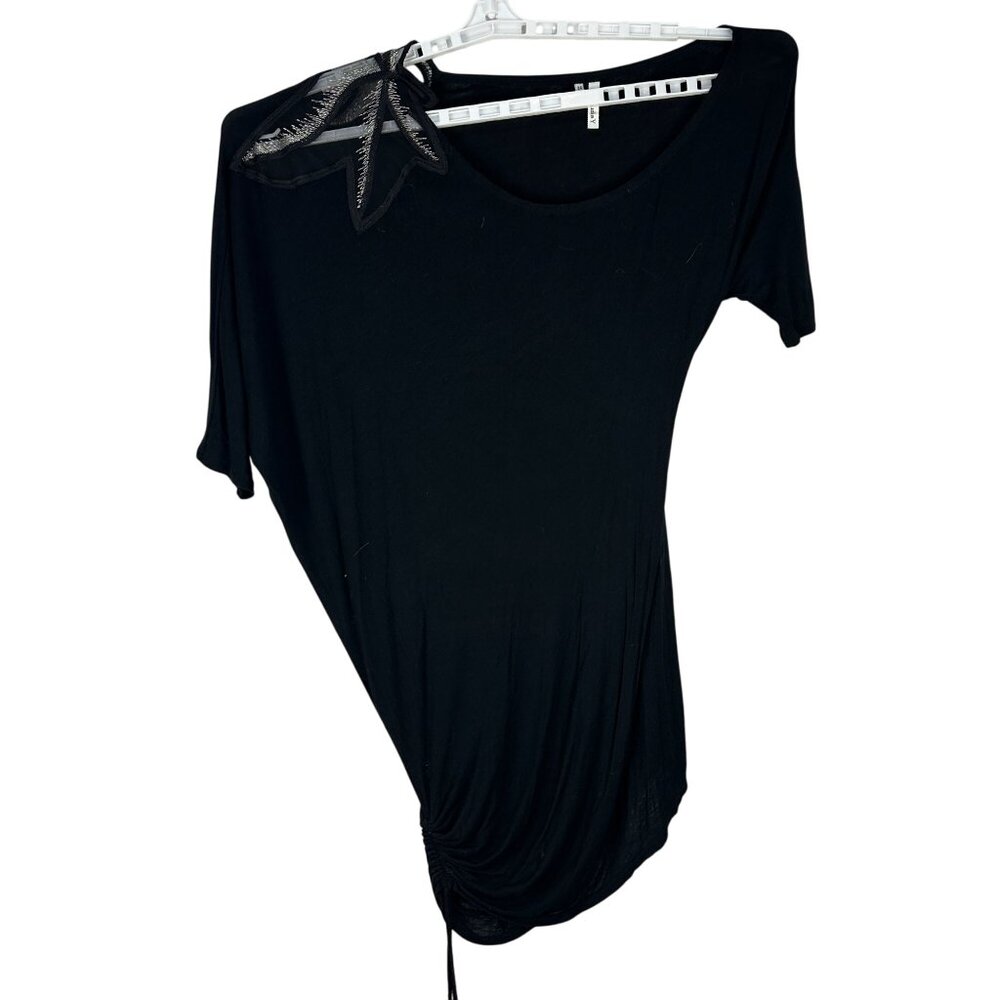 Studio Y Black Asymmetrical Top Mesh Leaf Shoulder Detail Ruched Side XL Vietnam